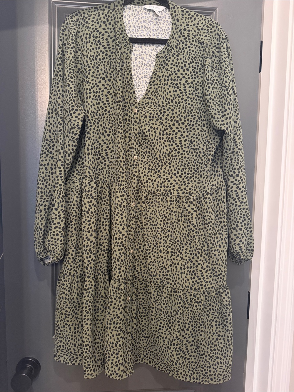 Nine West Olive Green Leopard Printed Tiered Button-Front Dress